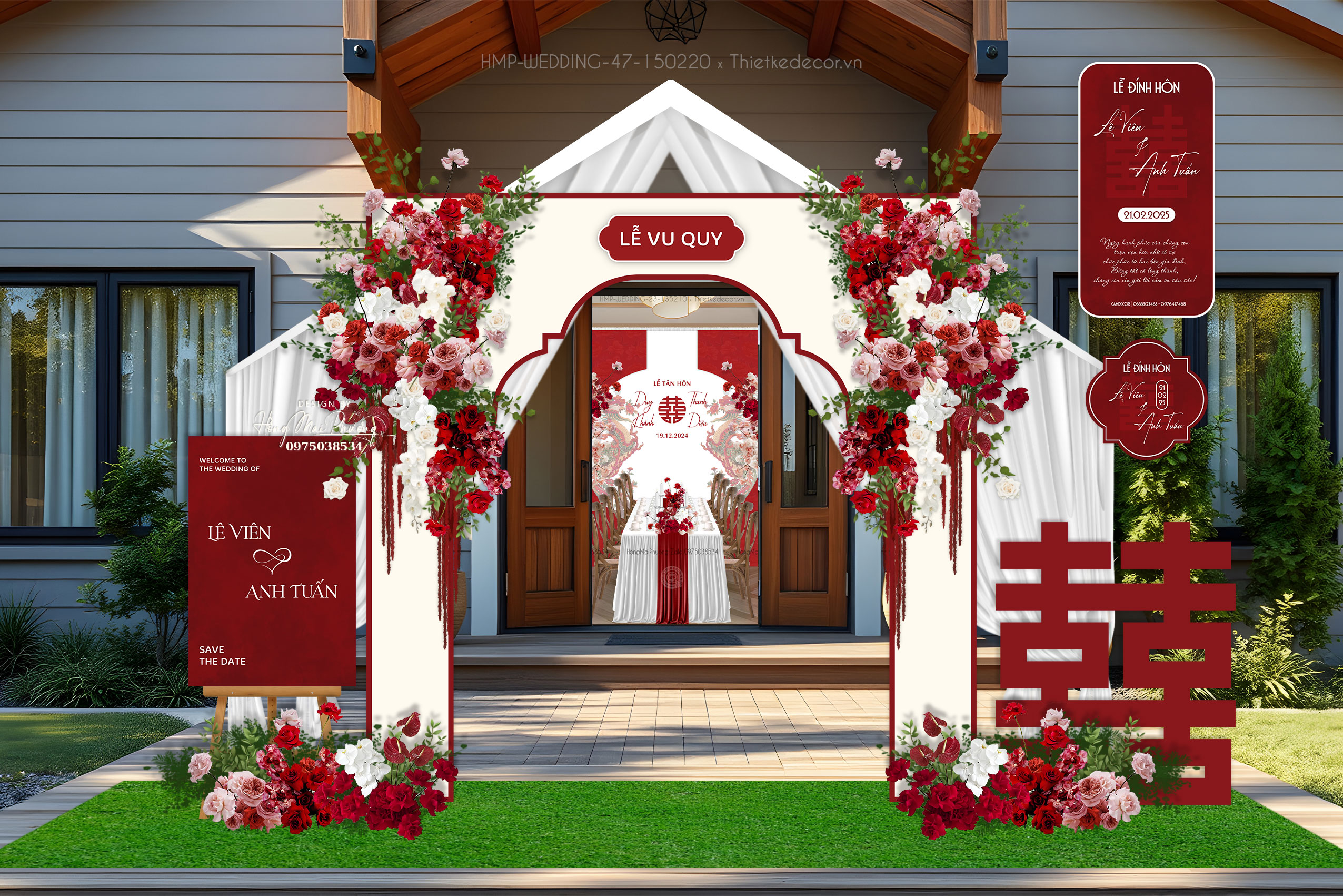 Cổng cưới tone đỏ kem, kèm bảng welcome cưới, chữ hỷ và tem nước tag bàn.